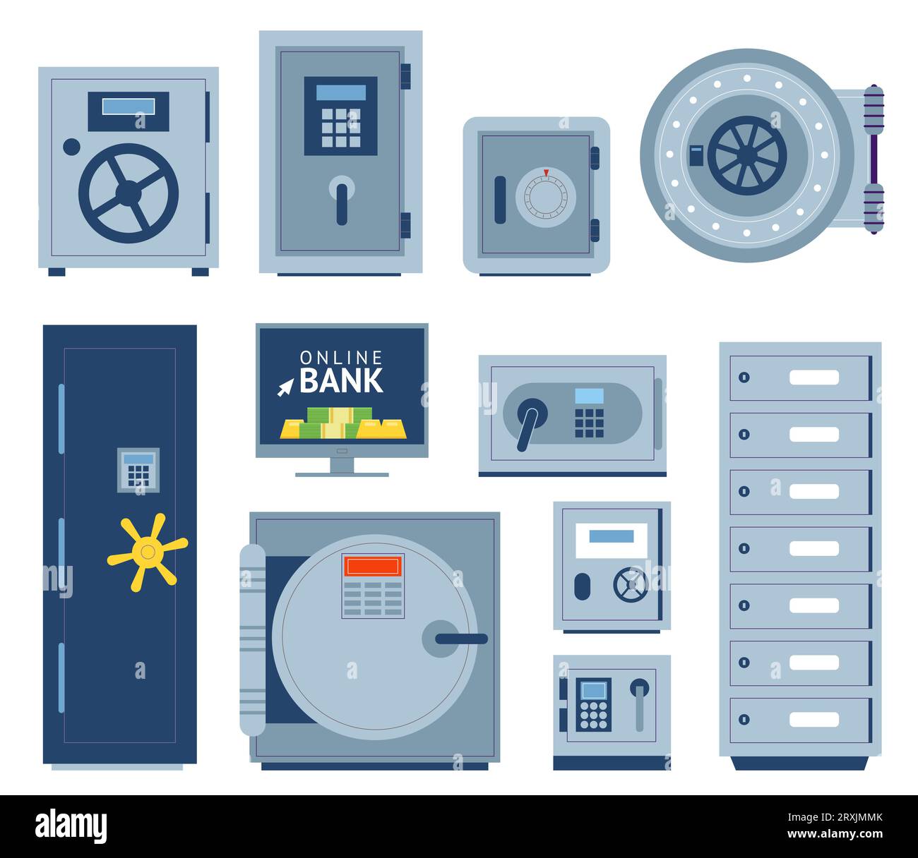 Cartoon metal safe boxes. Different types code locks. Secure cash. Values storage. Steel doors