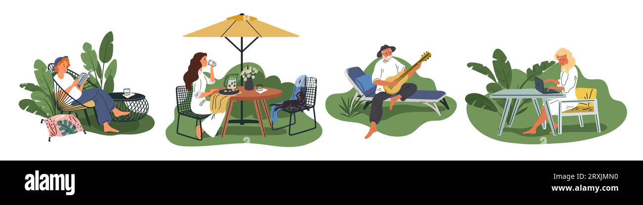 Cartoon people relax in garden. Men and women in landscaped courtyards. Cozy garden furniture or elements. Girl eating at table under umbrella. Guy Stock Vector