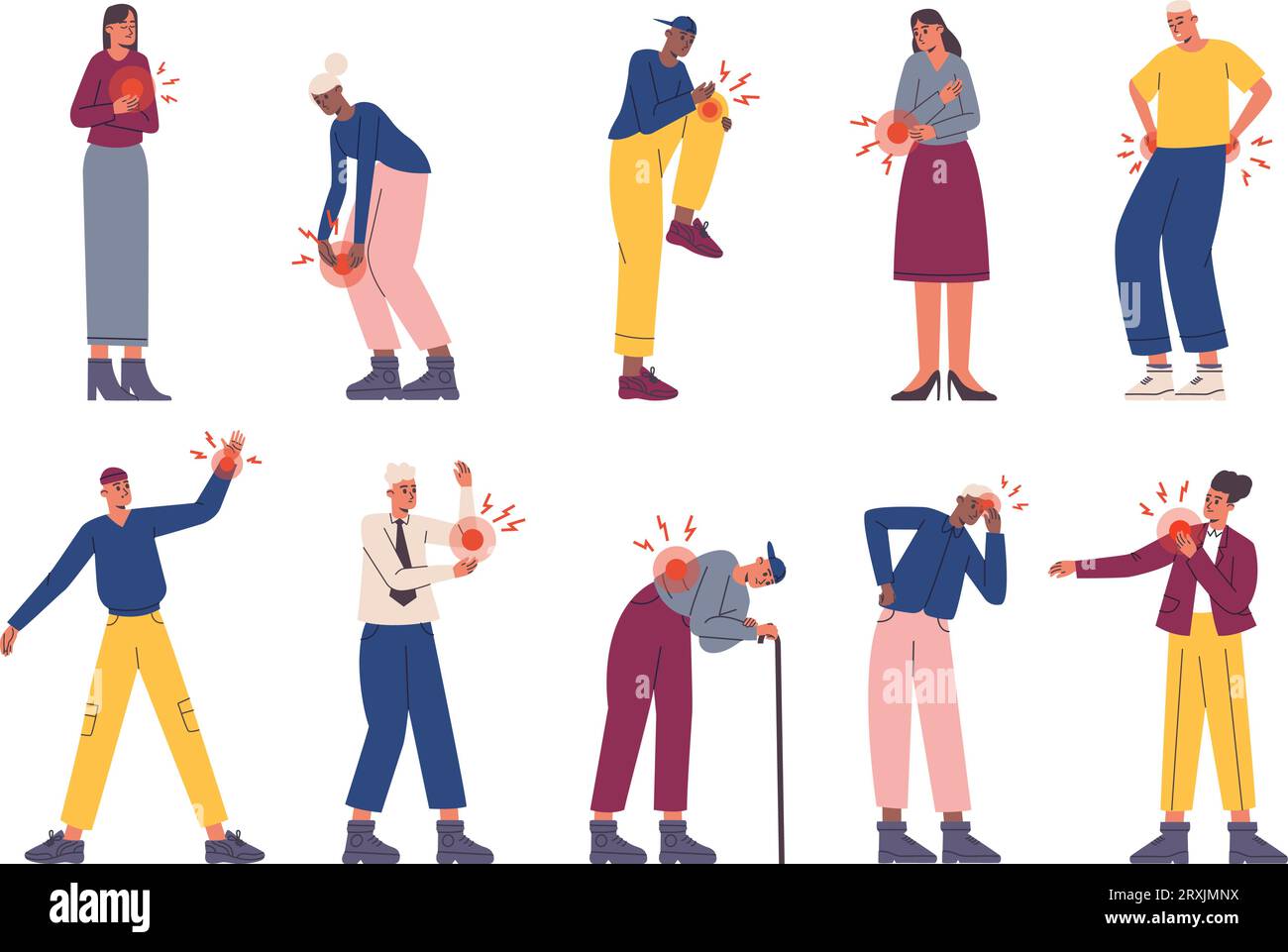 Cartoon people suffering pain. Ache in different body parts. Persons