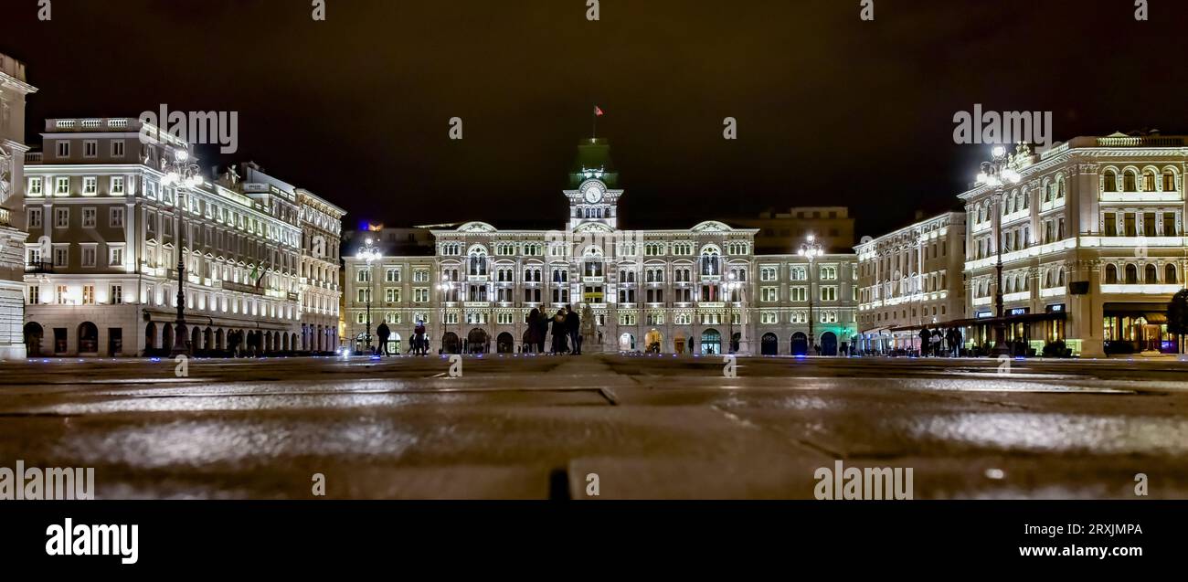 Night scene at Piazza Unità dItalia/Unity of Italy Square in spring 2016, Trieste, Italy Stock Photo