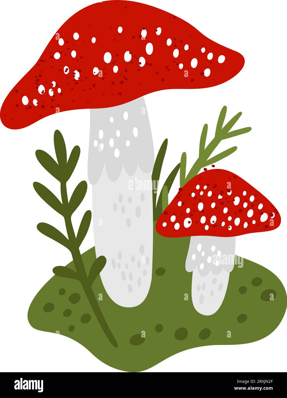 Forest mushroom. Fly agaric. Woodland nature. Poisonous and toxic fungi. Inedible fungus. Spotted red cup. Amanita muscaria and herbs. Magic Stock Vector