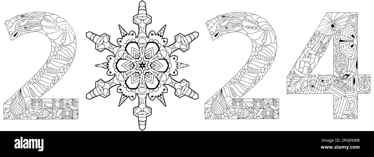 2024 logo text design with snowflake for coloring. Design template Celebration typography poster, banner or greeting card for Happy new year. Stock Vector