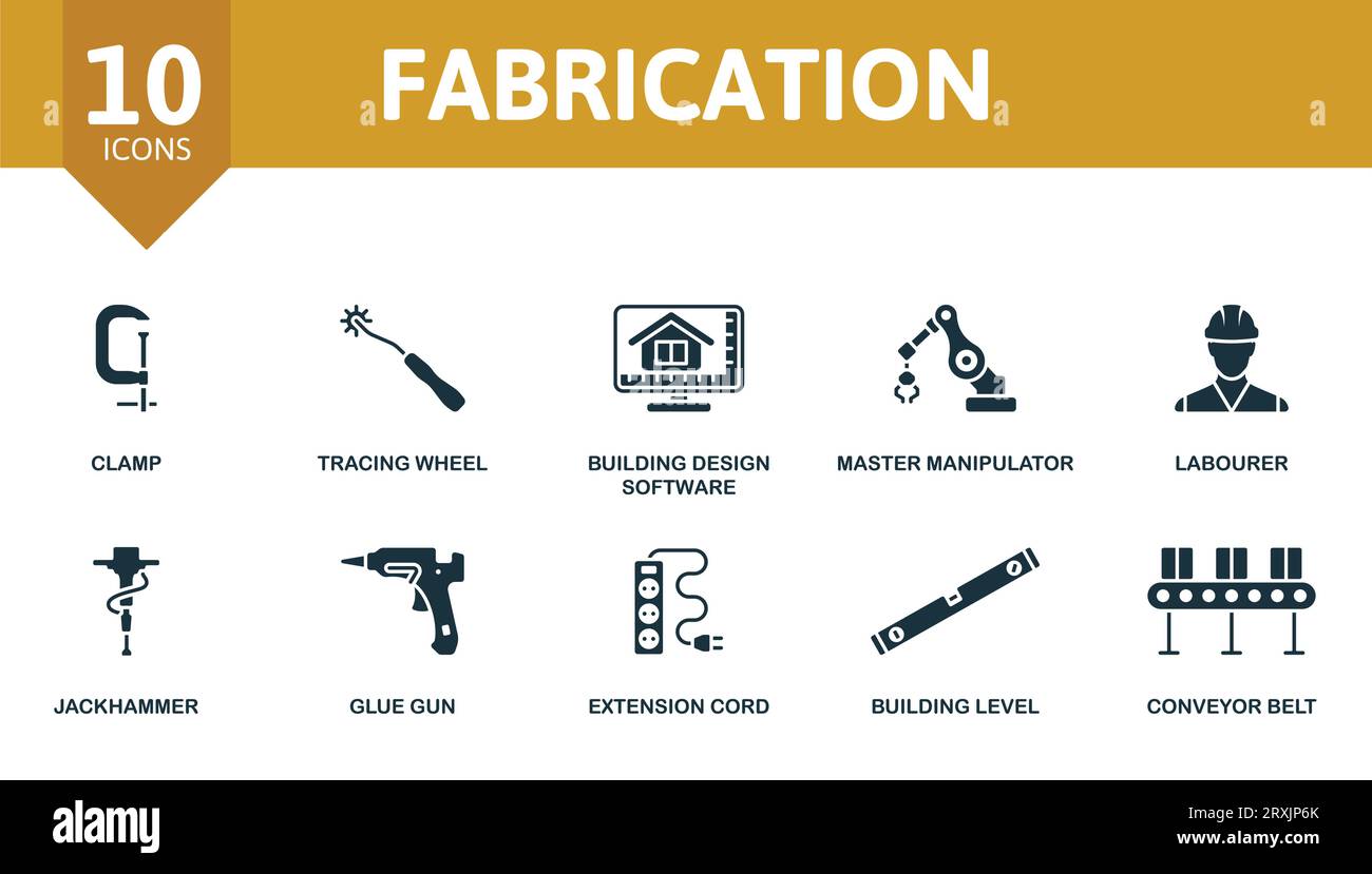Fabrication set. Creative icons: clamp, tracing wheel, building design software, master manipulator, labourer, jackhammer, glue gun, extension cord Stock Vector