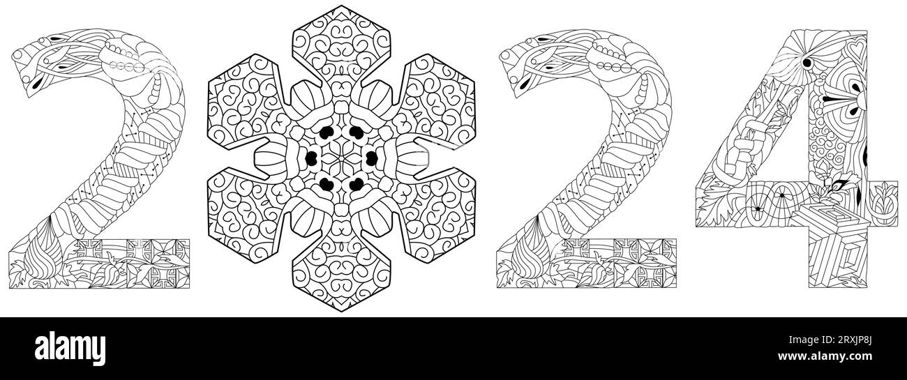 2024 logo text design with snowflake for coloring. Design template Celebration typography poster, banner or greeting card for Happy new year. Stock Vector