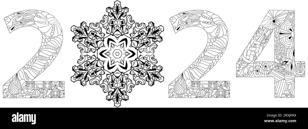 2024 logo text design with snowflake for coloring. Design template Celebration typography poster, banner or greeting card for Happy new year. Stock Vector