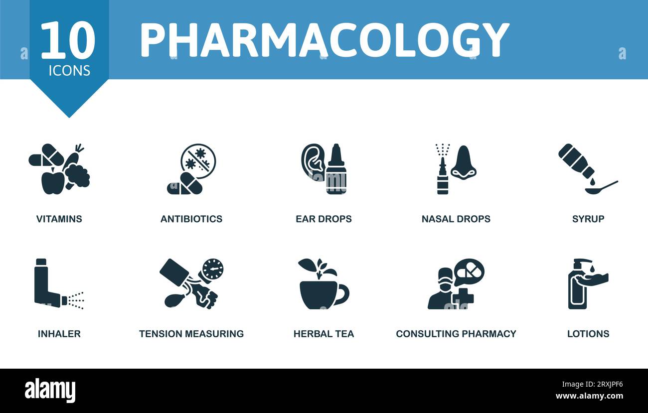 Pharmacology set. Creative icons vitamins, antibiotics, ear drops