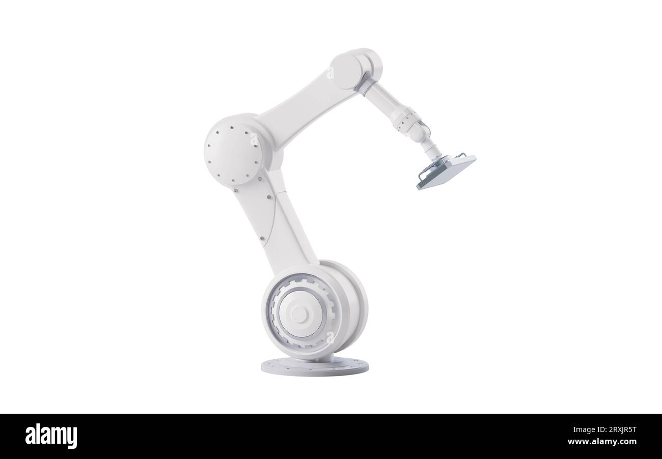 Mechanical arm with white color, 3d rendering. Digital drawing. Stock Photo