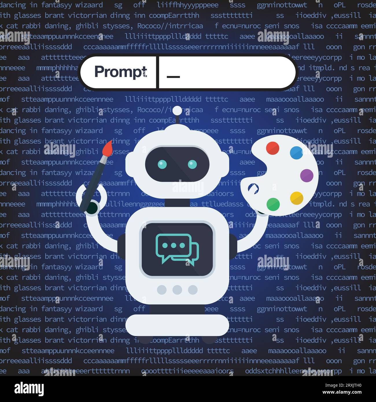 Robot is holding paintbrush and palette with prompt code in background. Robotic loaded with intelligent algorithms and recognition programs to create Stock Vector