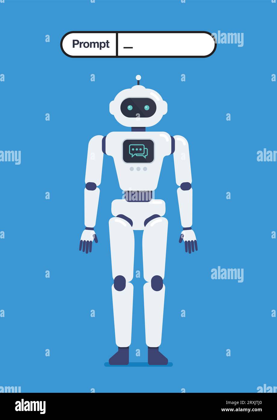 Robot with prompt generator. Robotic loaded with intelligent algorithms and recognition programs to create and draw images on a digital platform. Arti Stock Vector