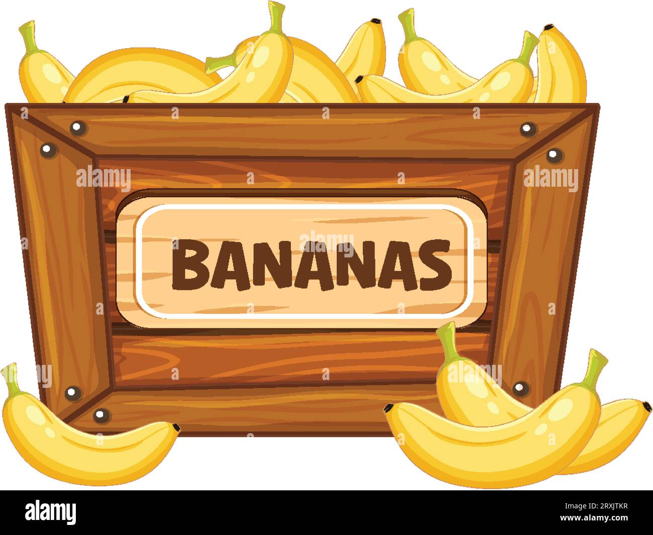 Colorful cartoon illustration of bananas in a wooden box with a banner