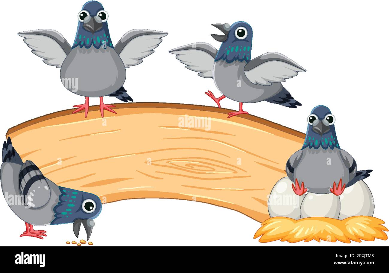 Vector cartoon illustration of pigeons laying eggs and standing around a wooden board Stock Vector