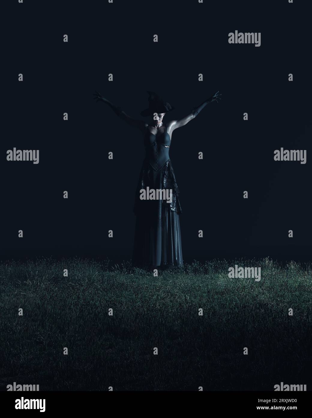 Witch black dress witches hat gloves Halloween horror occult floating levitating night above grass 3d illustration render digital rendering Stock Photo
