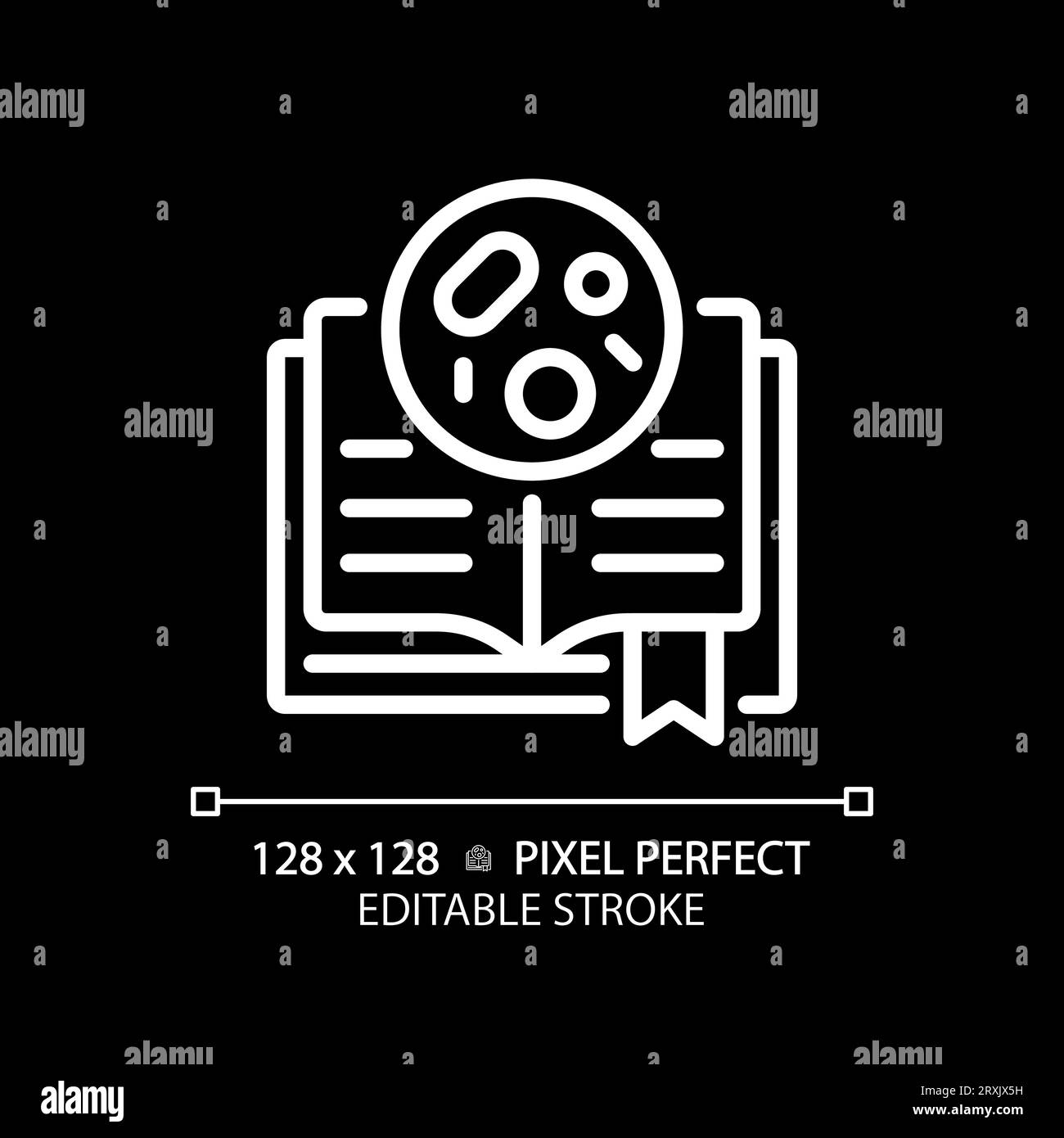 2D customizable thin line white book with bacteria icon Stock Vector