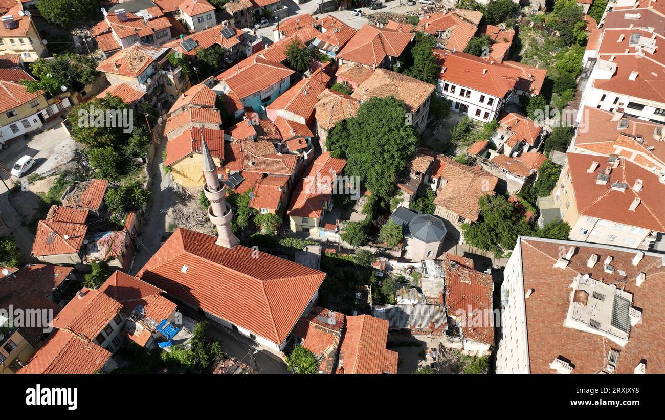A photo taken with a drone of traditional Turkish houses inside Ankara Castle. Stock Photo