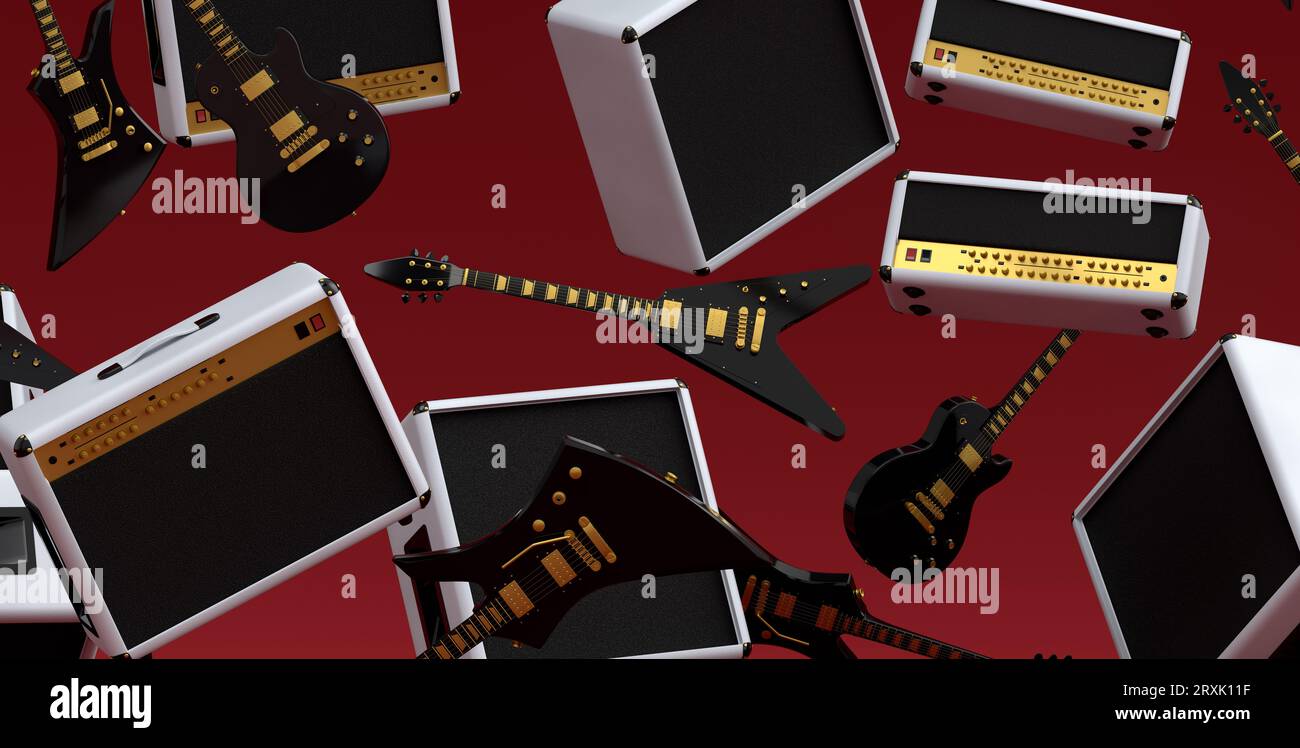 Many of flying acoustic guitars, drums with metal cymbals or drumset