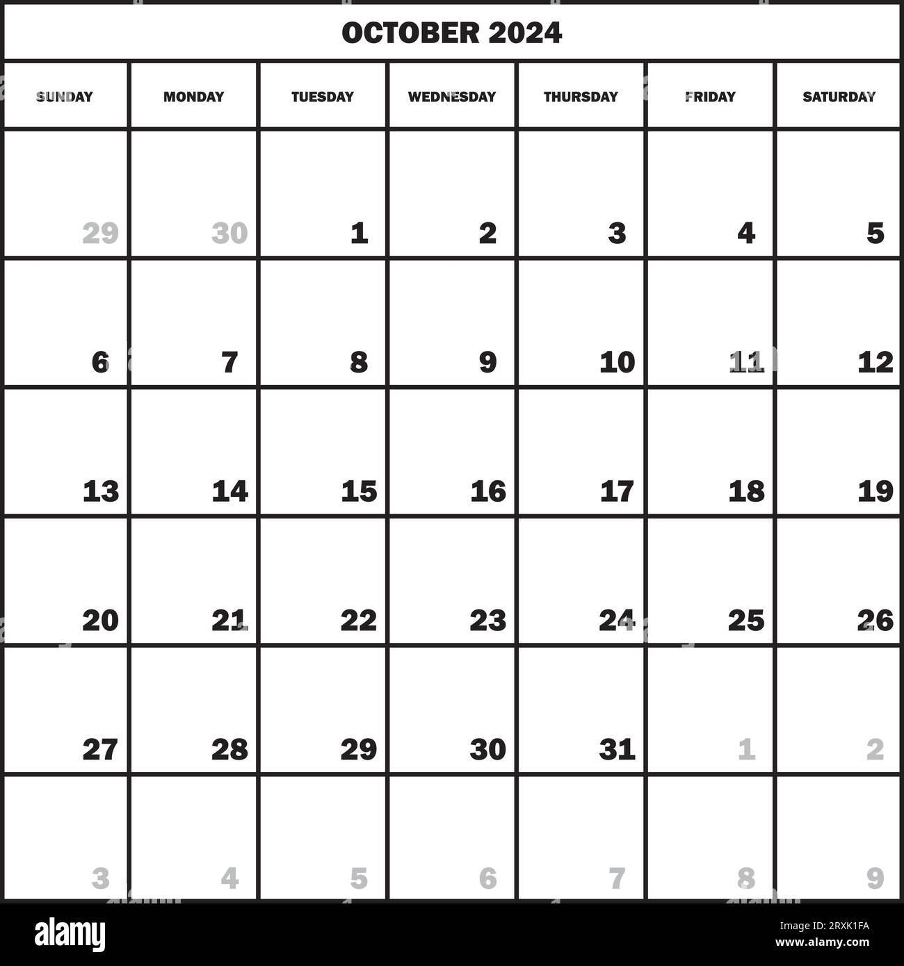 CALENDAR PLANNER MONTH OCTOBER 2024 ON TRANSPARENT BACKGROUND Stock