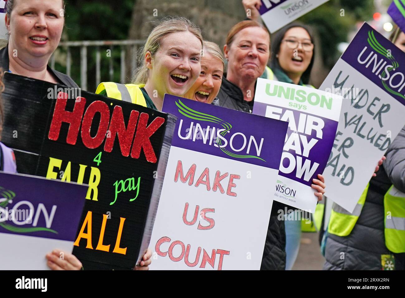 School support workers, who are members of Unison, on the picket line