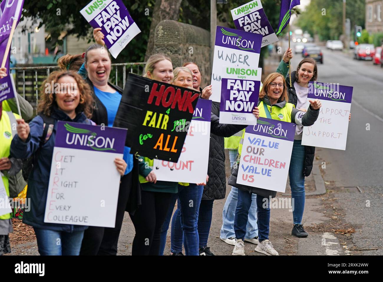 School support workers, who are members of Unison, on the picket line