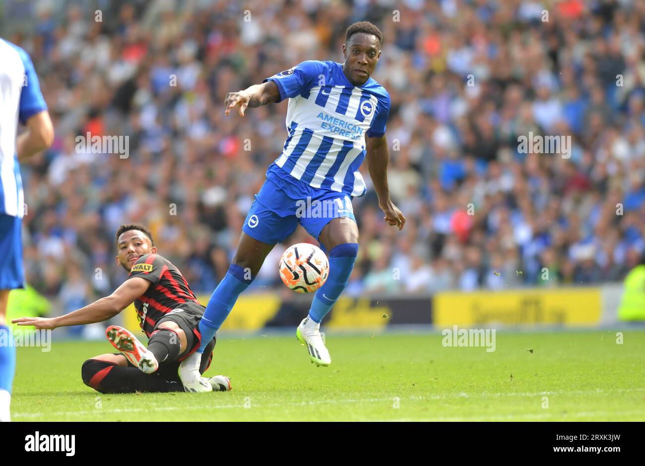 Danny Welbeck of Brighton wins the ball during the Premier League match between Brighton and Hove Albion and AFC Bournemouth at the American Express Stadium  , Brighton , UK - 24th September 2023 Photo Simon Dack / Telephoto Images. Editorial use only. No merchandising. For Football images FA and Premier League restrictions apply inc. no internet/mobile usage without FAPL license - for details contact Football Dataco Stock Photo