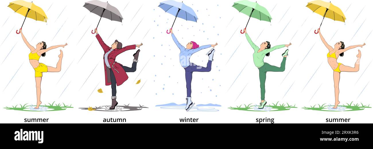 Woman Dancing in the Rain with umbrella. Versions for winter, spring, summer and autumn. Vector illustrations set. Stock Vector