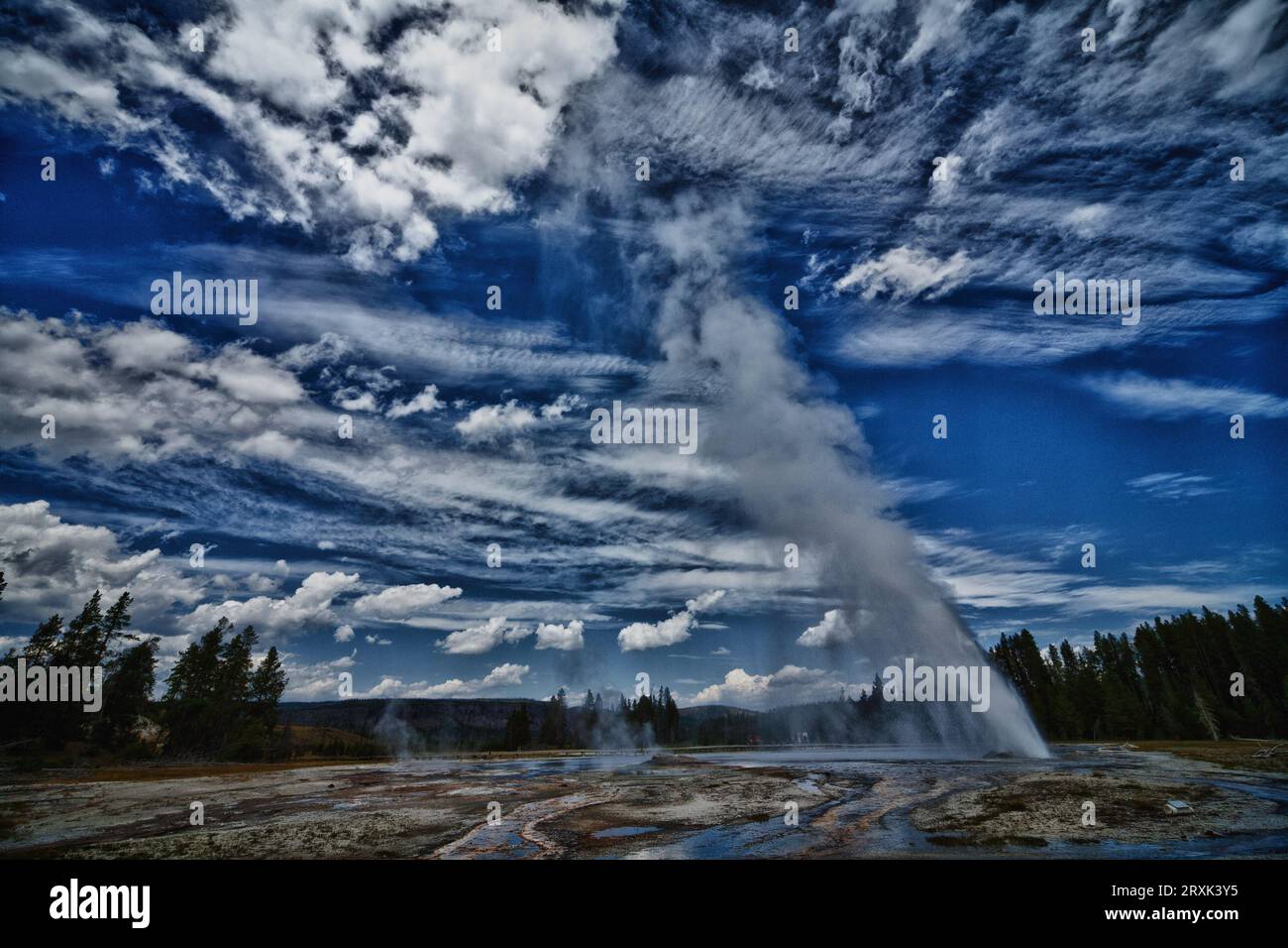 Daisy Geyser is one of the most famous, predictable geysers erupting every 2 to 3 hour for a period of 3 to 5 minutes erupt at an angle to the ground. Stock Photo