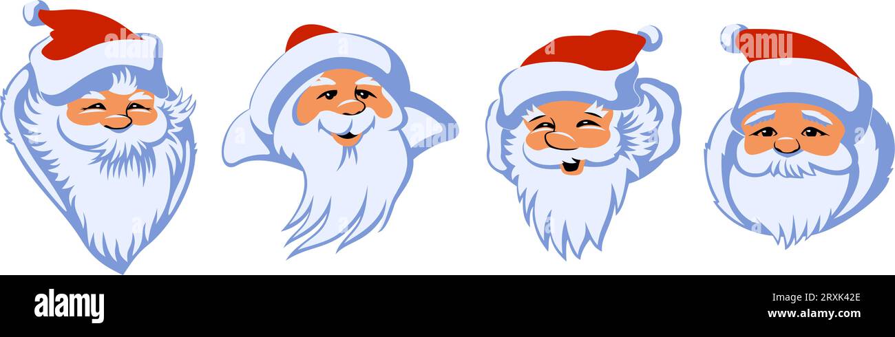 Santa Claus Faces. Four different cartoon characters. Vector cliparts isolated on white. Stock Vector
