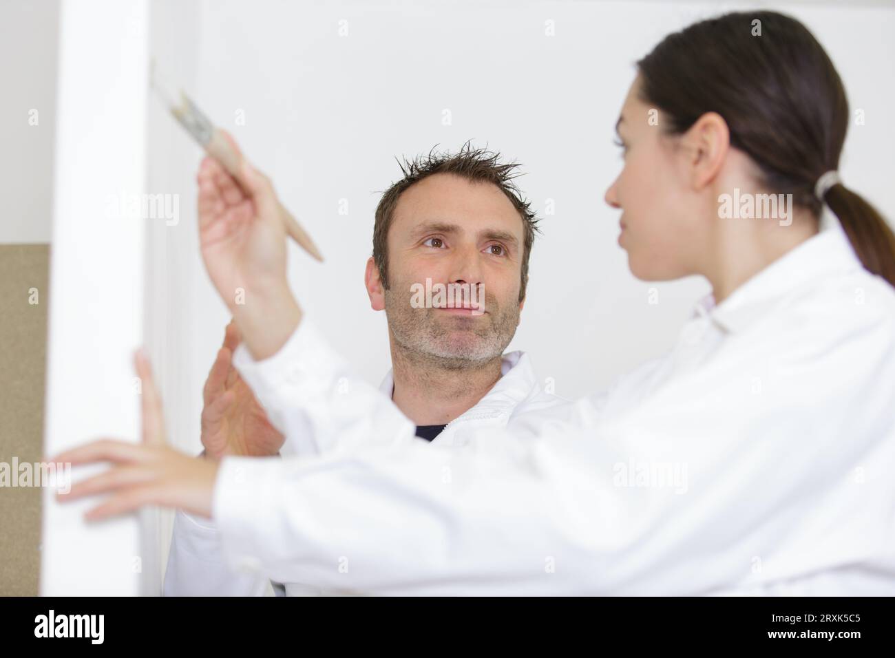 Professional house painters painting room walls white stock photo alamy