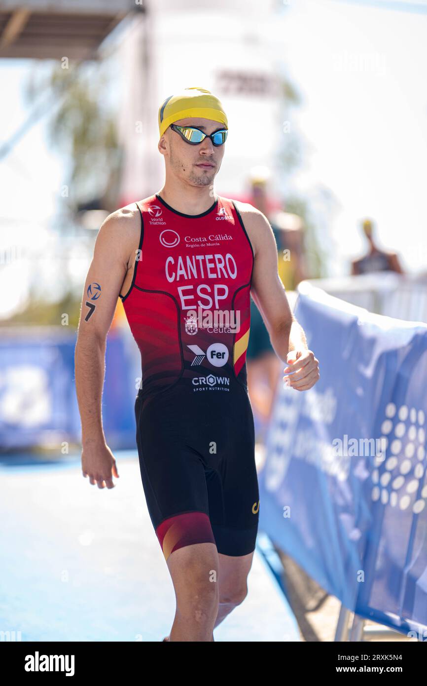 David Cantero Del Campo participating in Pontevedra in the 2023 World Triathlon Championship Series. Stock Photo