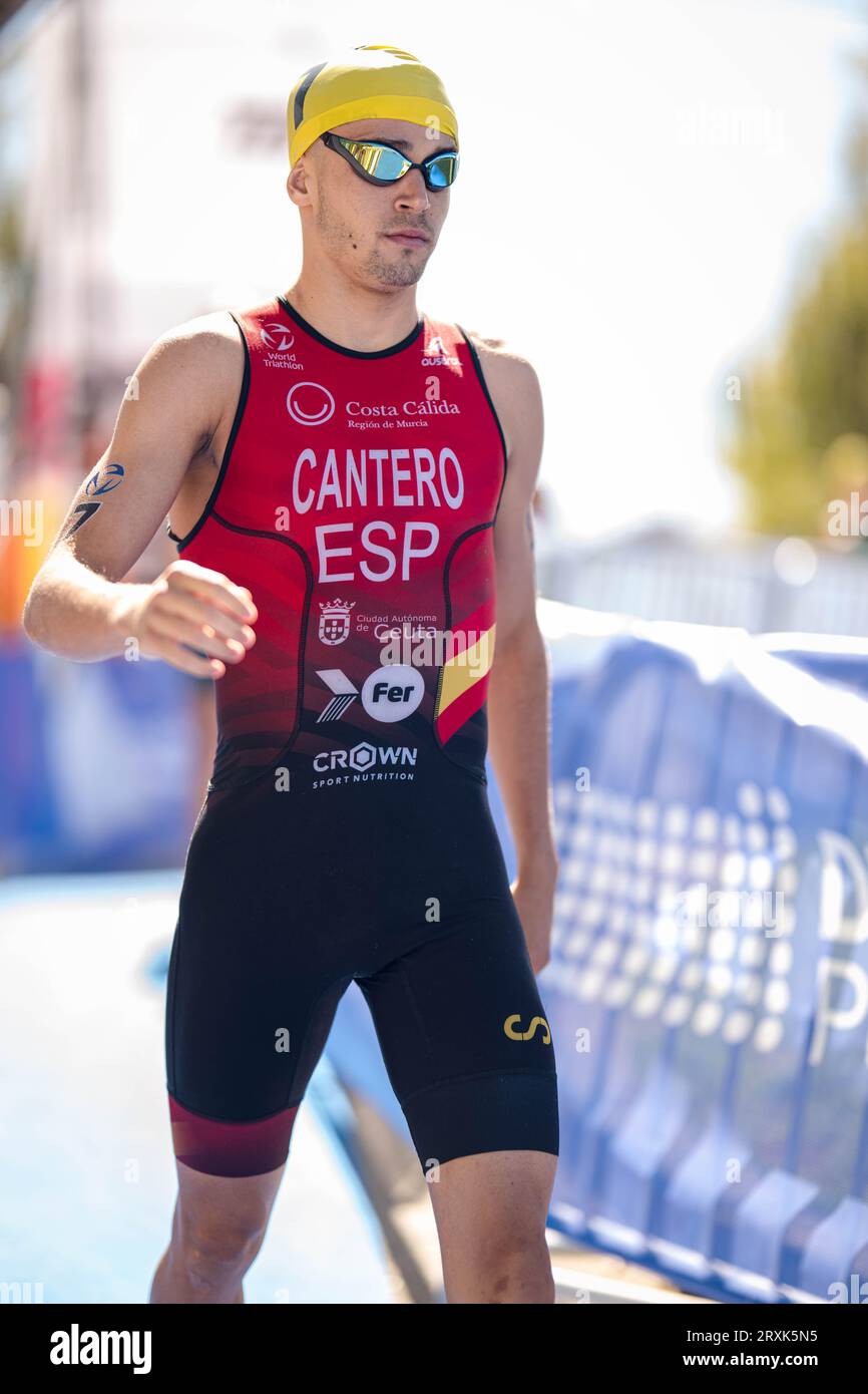 David Cantero Del Campo participating in Pontevedra in the 2023 World Triathlon Championship Series. Stock Photo