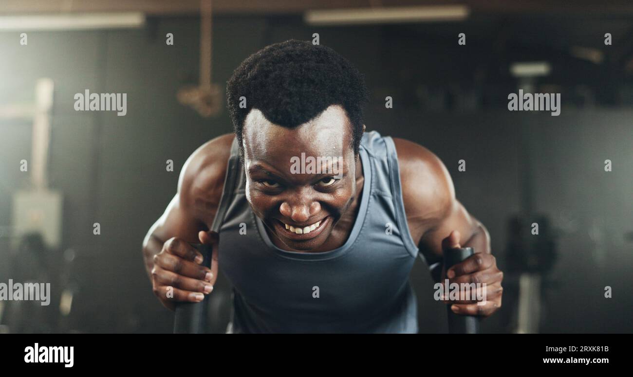 Black man at gym, weight sled and muscle endurance, strong body and