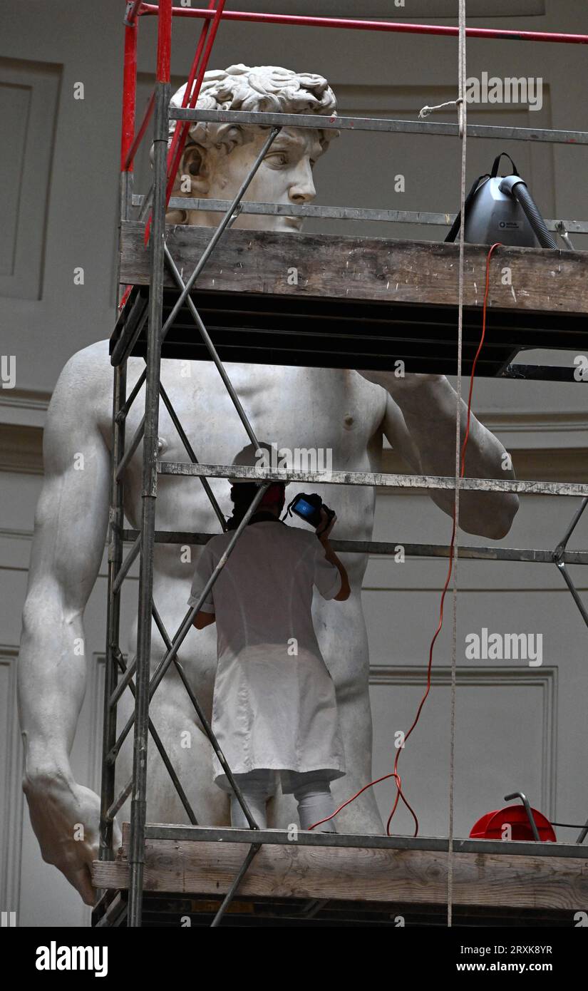 Italian Restorer Eleonora Pucci cleans dust and debris off Michelangelo ...
