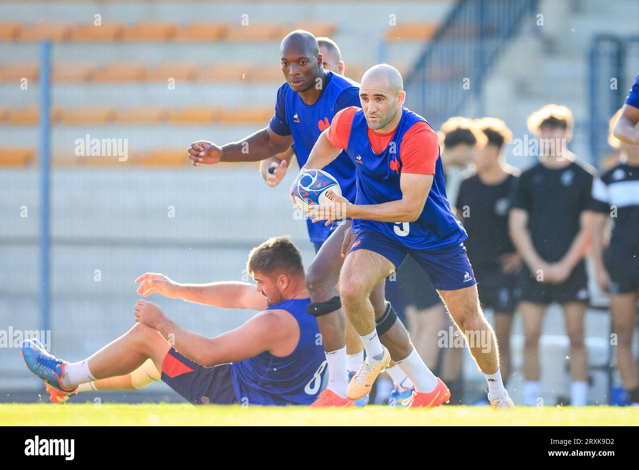 Gregory Alldritt of France, Sekou Macalou of France, Maxime Lucu of France during the Rugby World Cup training of team France at Stade Georges Carcassonne on September 25, 2023 in Aix en Provence, France. Photo by Baptiste Paquot/ABACAPRESS.COM Stock Photo