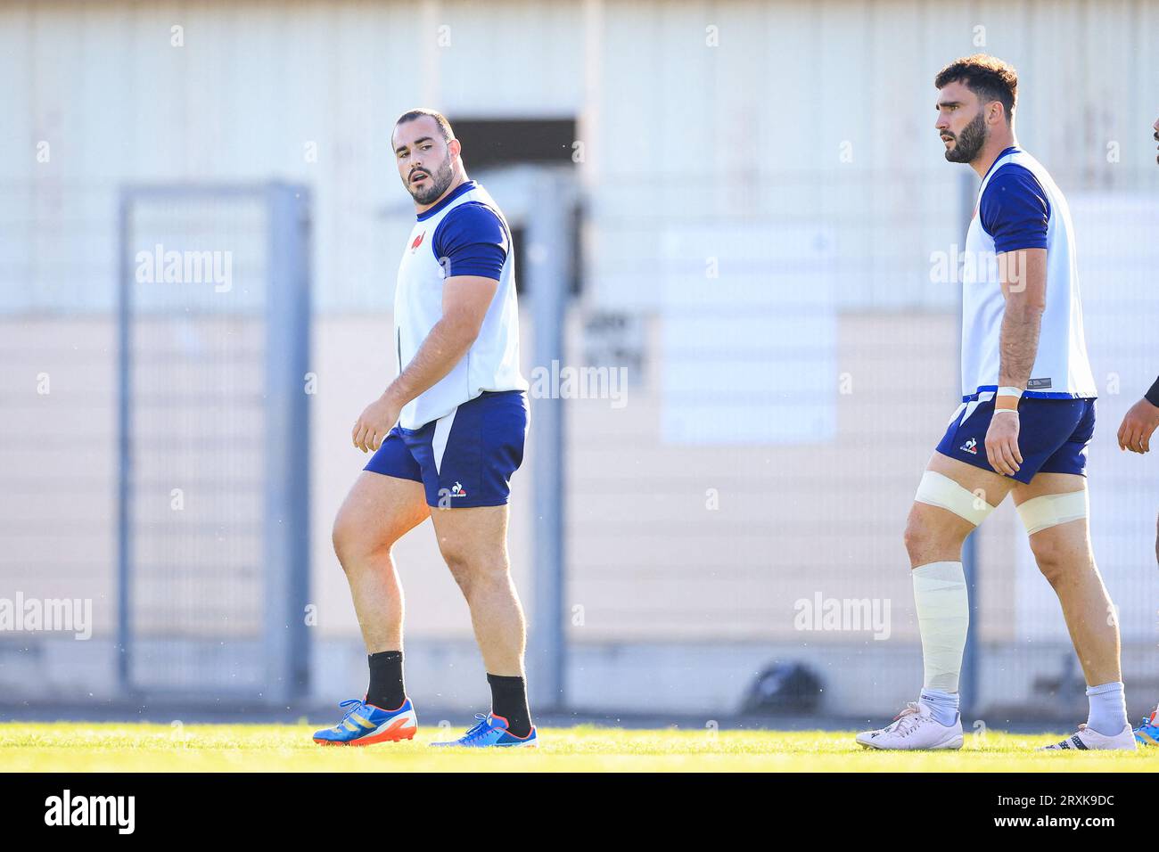 Jean-Baptiste Gros of France and Charles Ollivon of France during the Rugby World Cup training of team France at Stade Georges Carcassonne on September 25, 2023 in Aix en Provence, France. Photo by Baptiste Paquot/ABACAPRESS.COM Stock Photo