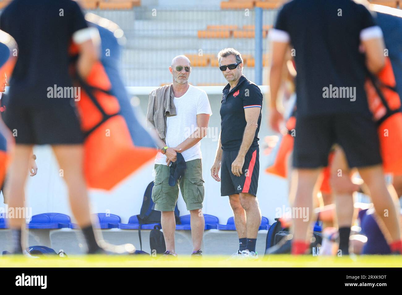 Former French football goalkeeper Fabien Barthez and Head Coach of France Fabien Galthie during the Rugby World Cup training of team France at Stade Georges Carcassonne on September 25, 2023 in Aix en Provence, France. Photo by Baptiste Paquot/ABACAPRESS.COM Stock Photo