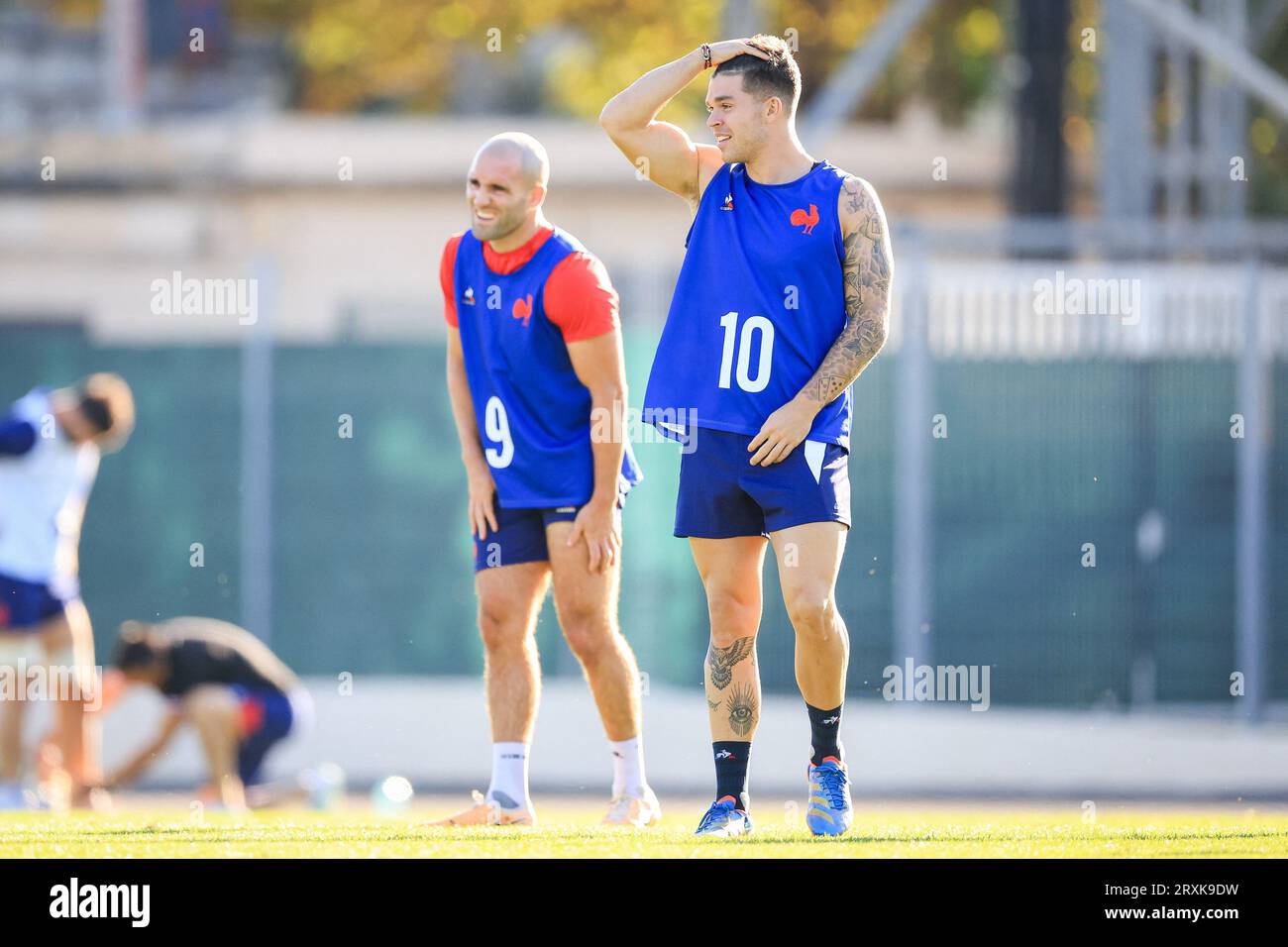 Maxime Lucu of France and Matthieu Jalibert of France during the Rugby World Cup training of team France at Stade Georges Carcassonne on September 25, 2023 in Aix en Provence, France. Photo by Baptiste Paquot/ABACAPRESS.COM Stock Photo