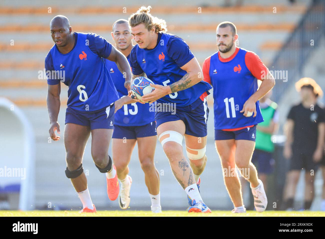 Sekou Macalou of France, Bastien Chalureau of France, Gael Fickou of France and Gabin Villiere of France during the Rugby World Cup training of team France at Stade Georges Carcassonne on September 25, 2023 in Aix en Provence, France. Photo by Baptiste Paquot/ABACAPRESS.COM Stock Photo