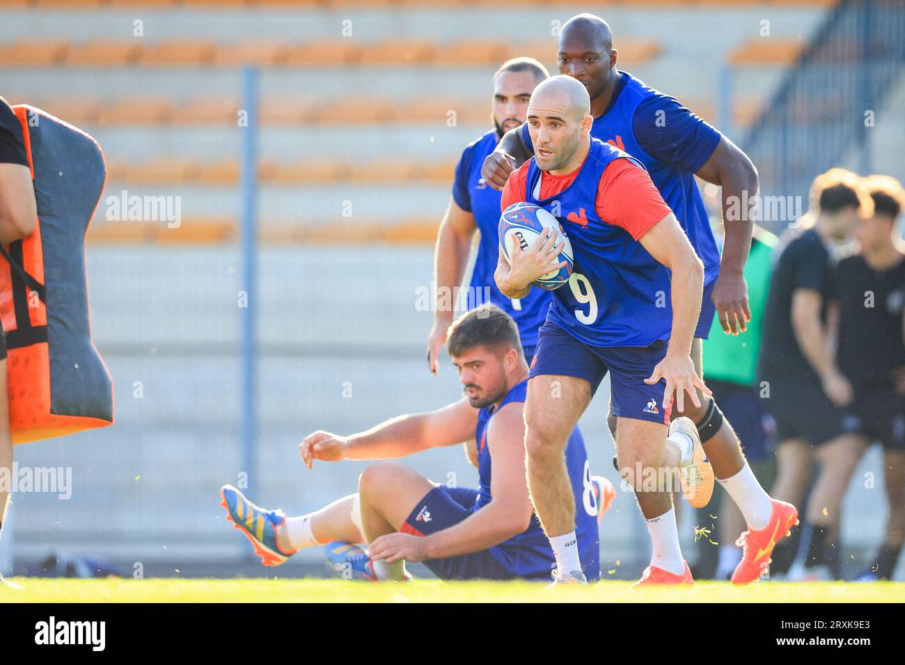 Gregory Alldritt of France, Sekou Macalou of France, Maxime Lucu of France during the Rugby World Cup training of team France at Stade Georges Carcassonne on September 25, 2023 in Aix en Provence, France. Photo by Baptiste Paquot/ABACAPRESS.COM Stock Photo