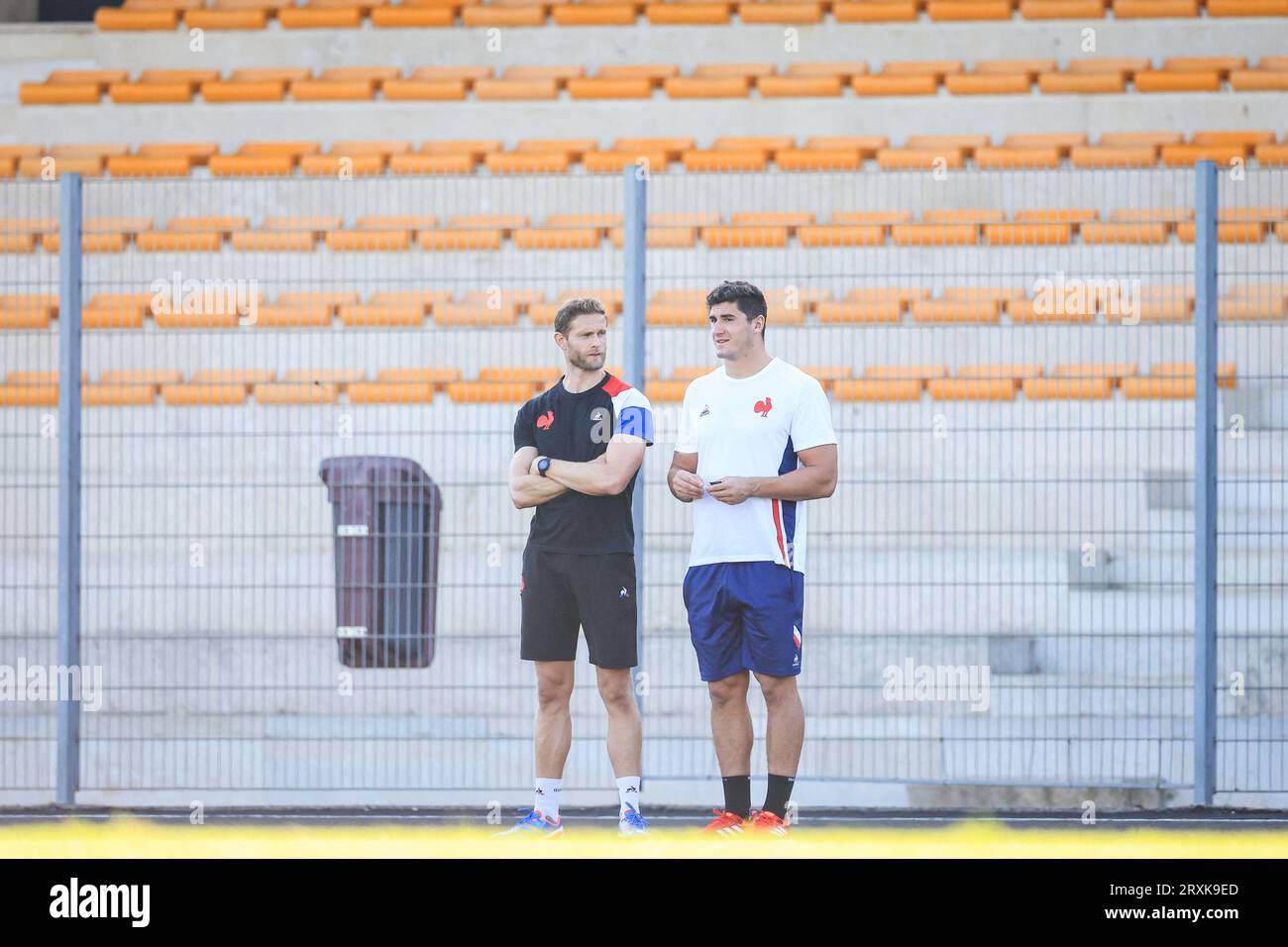 Gaetan Boissard and Paul Boudehent of France during the Rugby World Cup training of team France at Stade Georges Carcassonne on September 25, 2023 in Aix en Provence, France. Photo by Baptiste Paquot/ABACAPRESS.COM Stock Photo