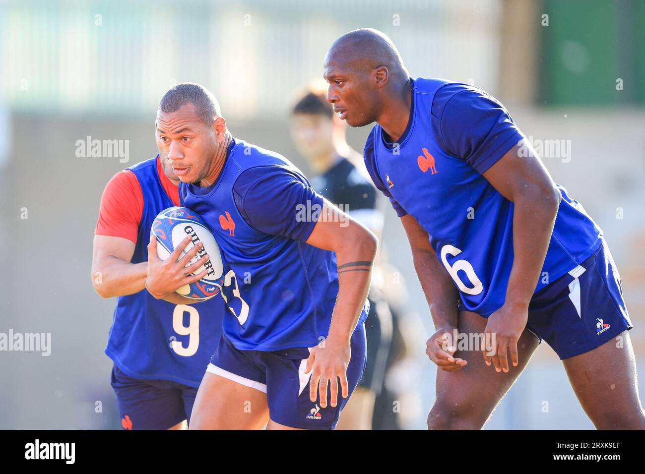 Gael Fickou of France and Sekou Macalou of France during the Rugby World Cup training of team France at Stade Georges Carcassonne on September 25, 2023 in Aix en Provence, France. Photo by Baptiste Paquot/ABACAPRESS.COM Stock Photo