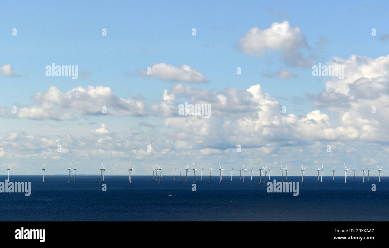 Wind turbines in the Øresund sea in Sweden. Stock Photo