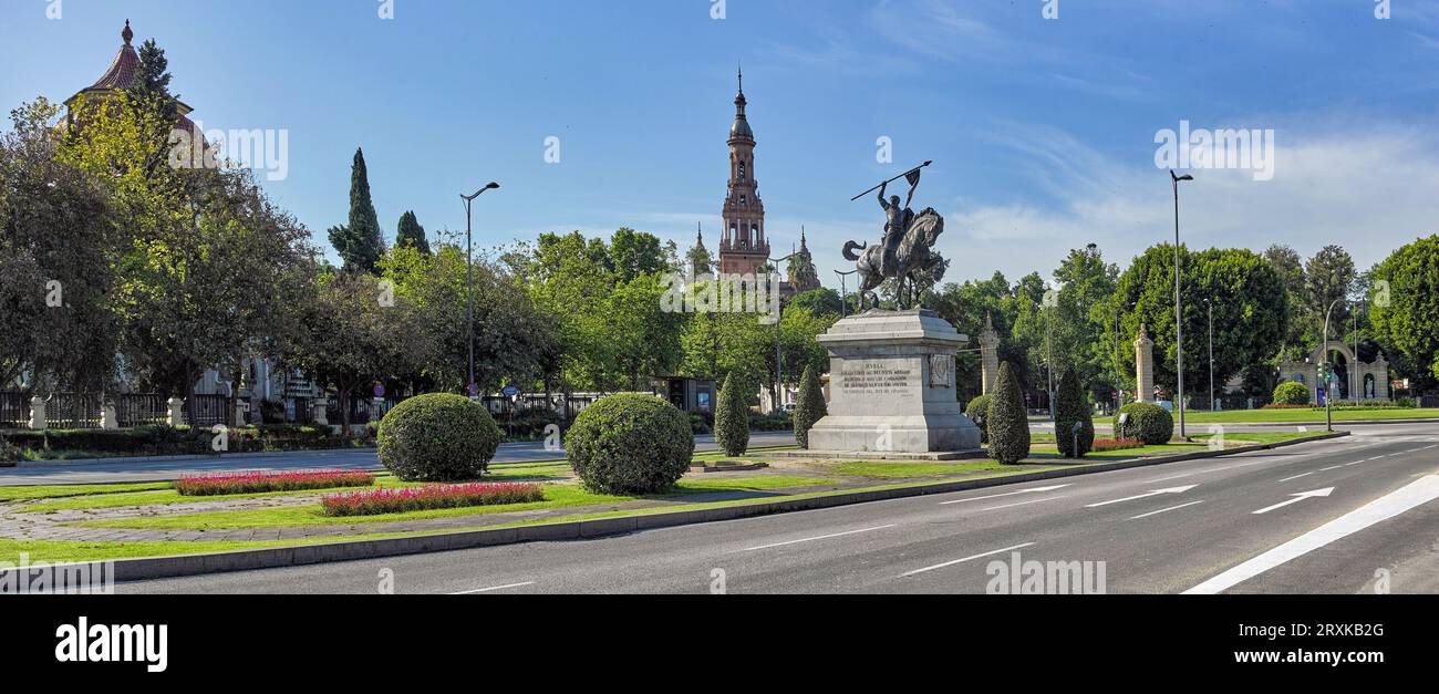 Street in front of El Cid monument, Seville, Andalusia, Spain Stock Photo