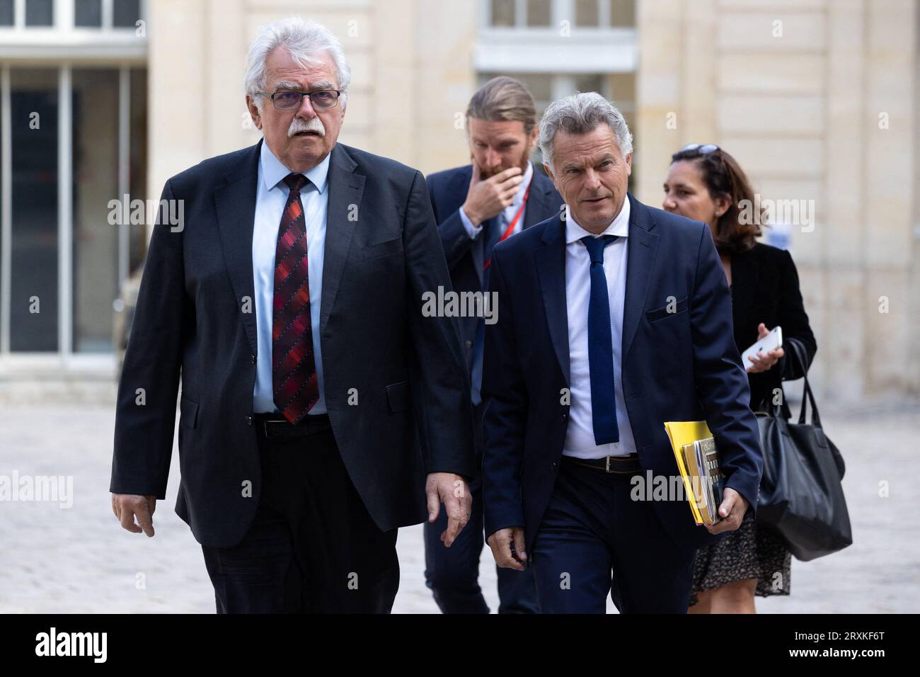 President of the Gauche democrate et republicaine – NUPES (New People Ecologic and Social Union) parliamentary group at the National Assembly Andre Chassaigne and French Communist party national secretary Fabien Roussel arrives for a meeting with the French prime minister to discuss the issues facing the new parliamentary term, at Matignon in Paris on September 26, 2023. Photo by Raphael Lafargue/ABACAPRESS.COM Stock Photo