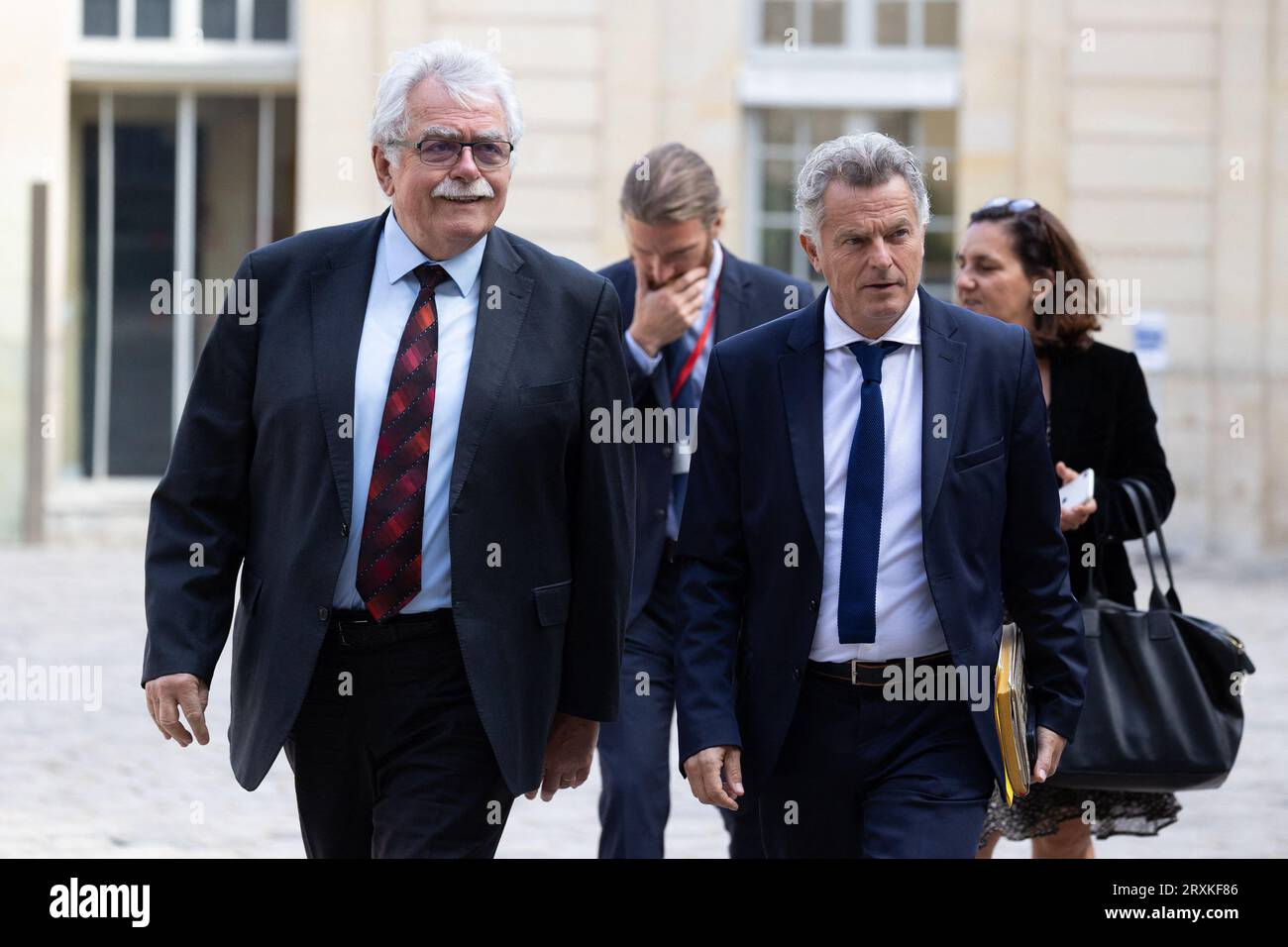 President of the Gauche democrate et republicaine – NUPES (New People Ecologic and Social Union) parliamentary group at the National Assembly Andre Chassaigne and French Communist party national secretary Fabien Roussel arrives for a meeting with the French prime minister to discuss the issues facing the new parliamentary term, at Matignon in Paris on September 26, 2023. Photo by Raphael Lafargue/ABACAPRESS.COM Stock Photo