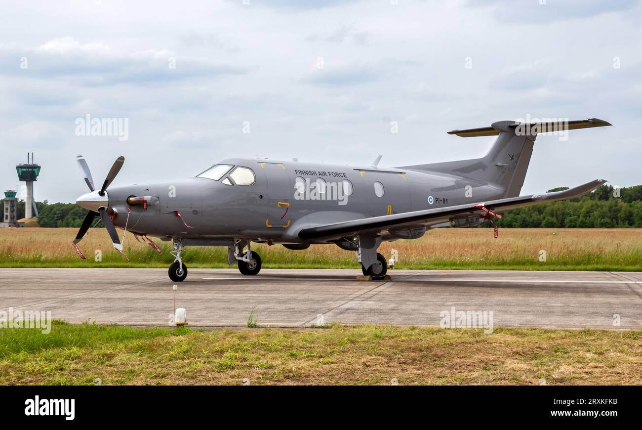 Pilatus PC-12 turboprop aircraft of the Finnish Air Force at Volkel Air Base. Volkel, The Netherlands - June 14, 2013 Stock Photo