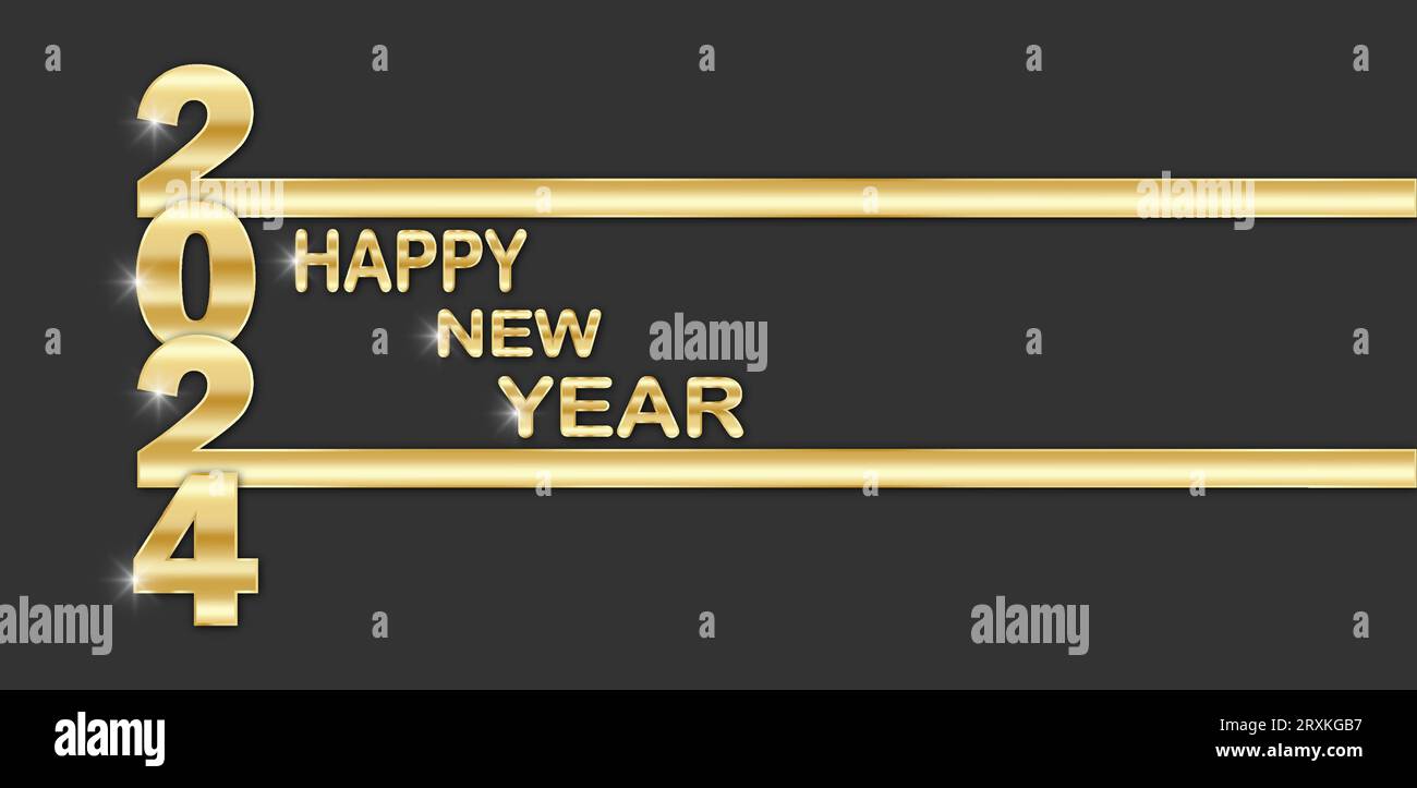 Happy New Year 2024 greeting card in gold color. Vector illustration