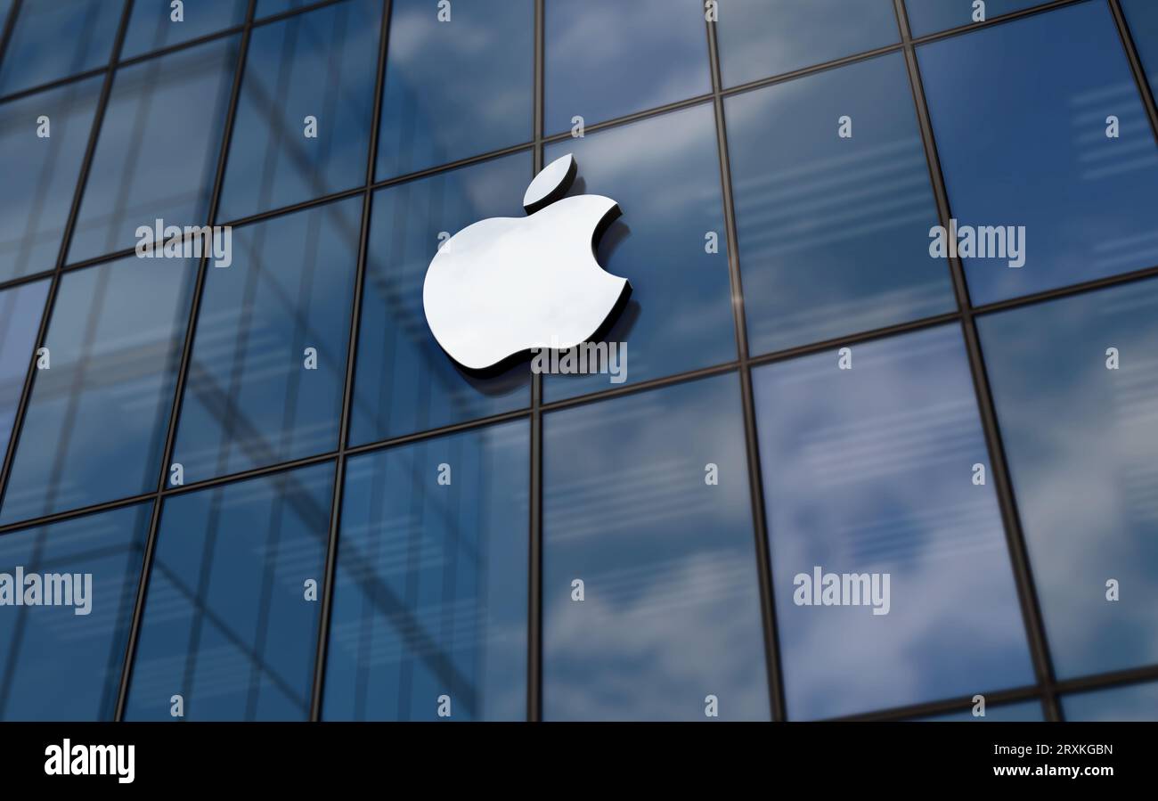 Cupertino, California, September 25, 2023: Apple Incorporation headquarters glass building concept. Apple Inc. Technology company symbol logo on front Stock Photo