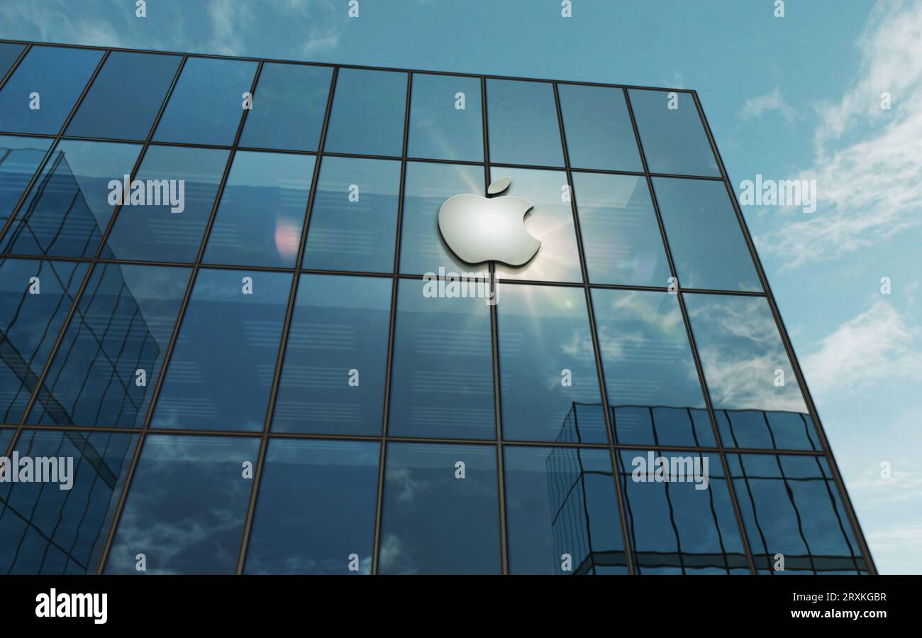 Cupertino, California, September 25, 2023: Apple Incorporation headquarters glass building concept. Apple Inc. Technology company symbol logo on front Stock Photo