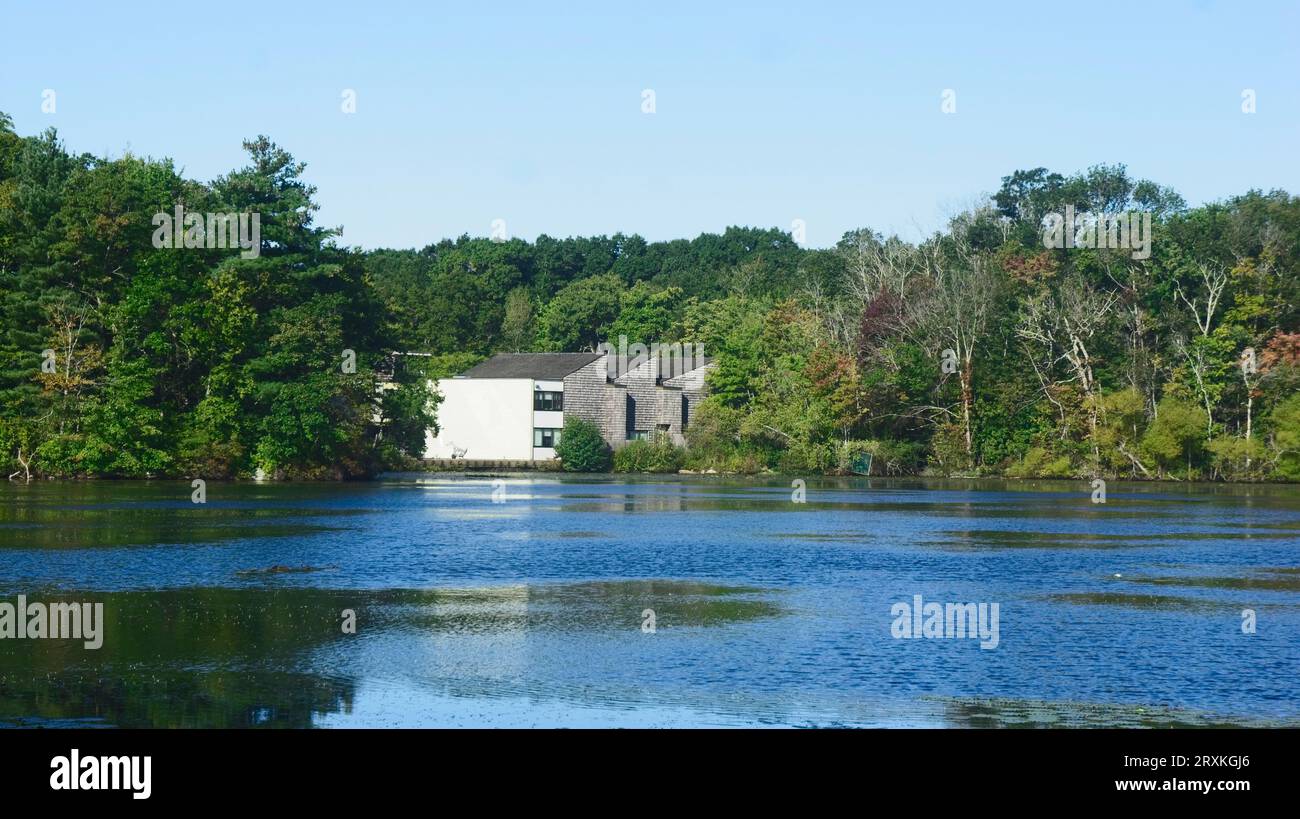 A view of the Fuller Craft Museum from across Upper Porter Pond Stock