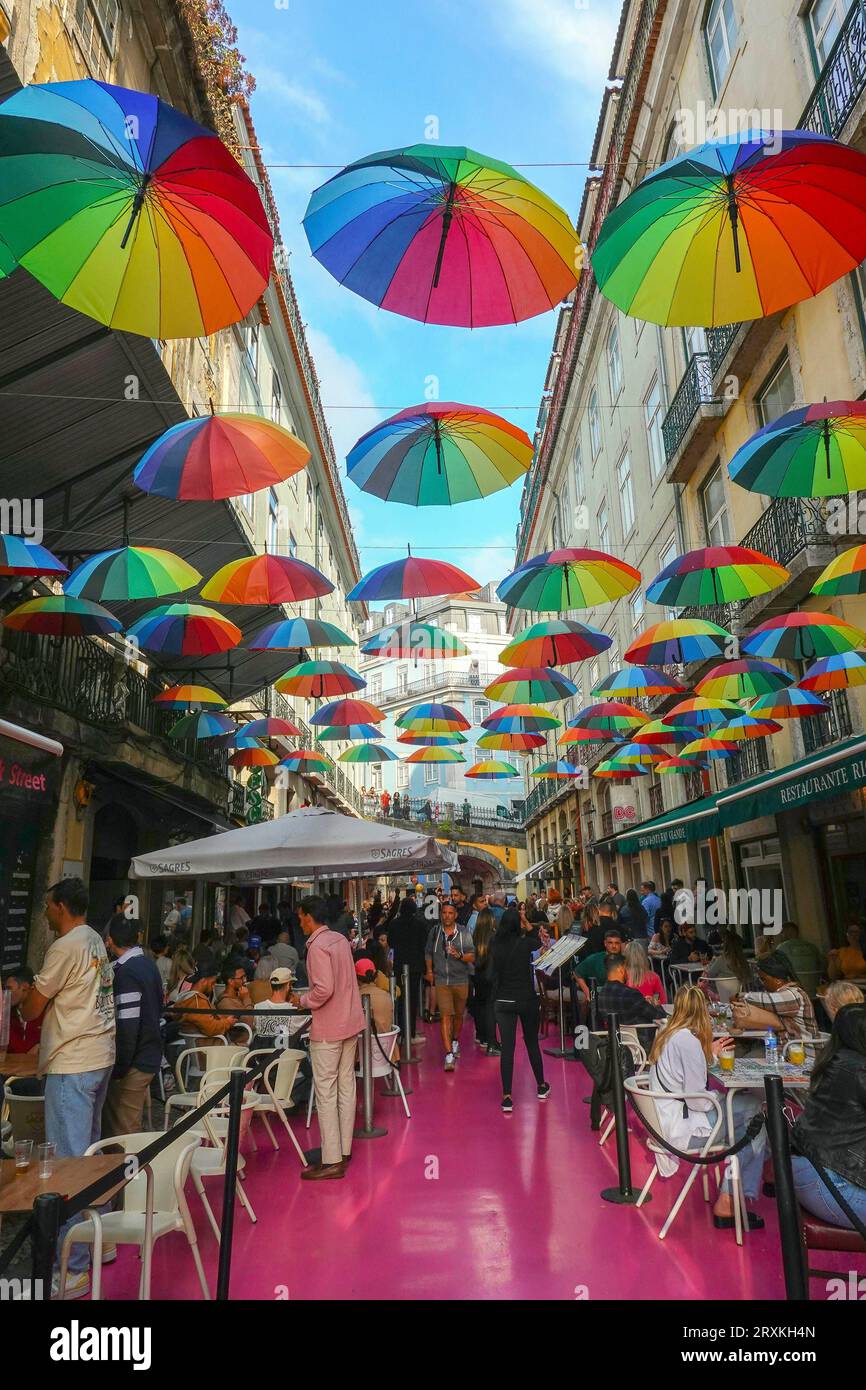 Portugal, Lisbon, Rua Nova do Carvalho or The Pink Street, in Cais do