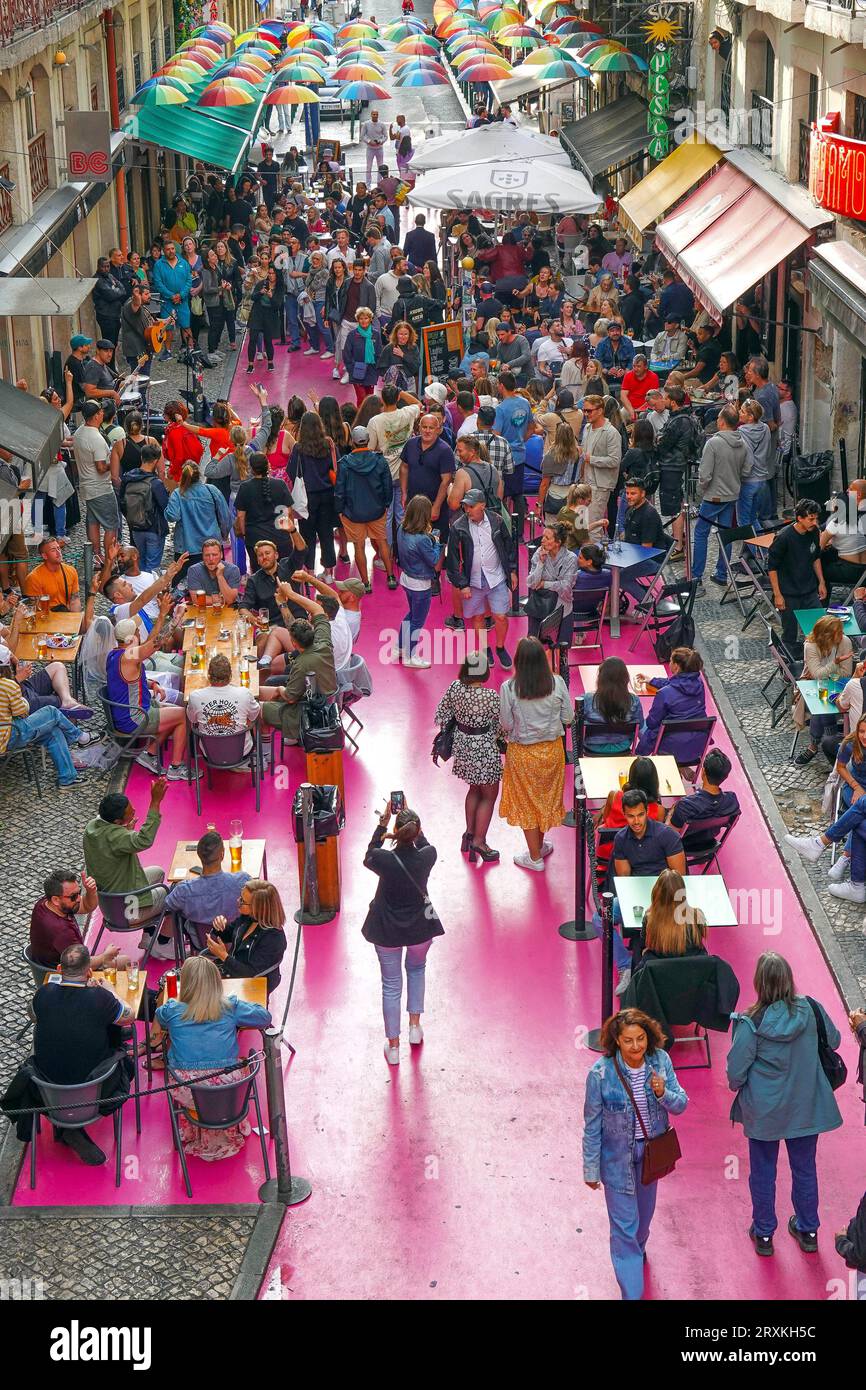 Portugal, Lisbon, Rua Nova do Carvalho or The Pink Street, in Cais do
